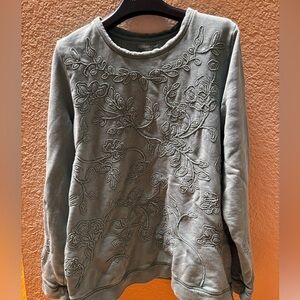 Coldwater Creek Sage Green Embroidered Floral Sweatshirt Pullover Women’s M